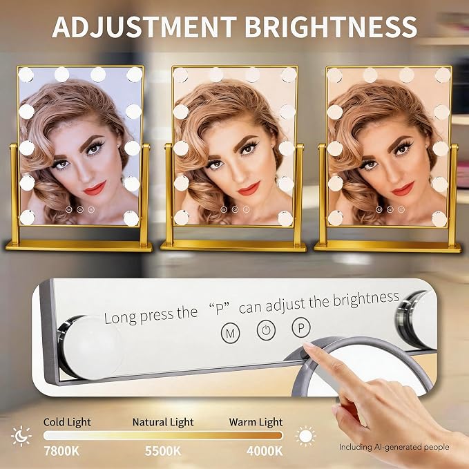 Makeup Vanity Mirror with LED Lights Makeup Mirror Detachable 10X Magnification, Hollywood Make Up Mirror with Lighting, Smart Touch, Rechargeable,360° Rotation, Gold 17.12"x13.77"