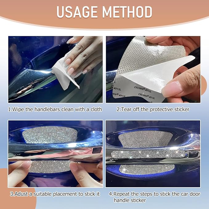 10 PCS Bling Car Door Handle Protector, Shiny Crystal Rhinestone Anti-Scratch Universal Cars Door Handle Protective Cover, Glitter Auto Accessories for Women (White)