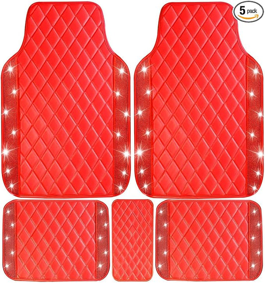 NBTEPEM Bling Leather Car Floor Mats Full Set, Sparkly Diamond Car Mats Universal Fit Most Automotive, Glitter Rhinestone Carpet Waterproof Anti-Slip (Red Leather Diamond)