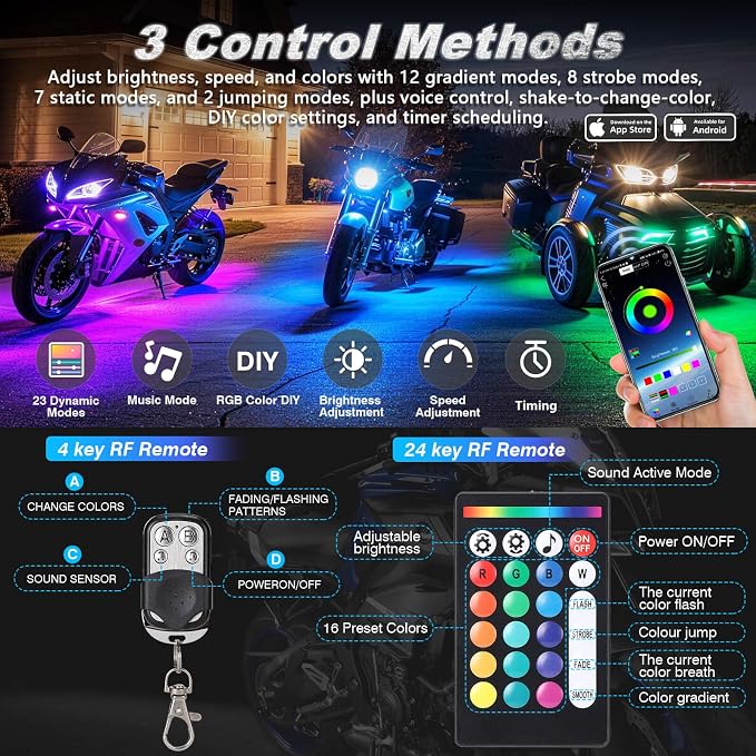 8PCS Double Row Motorcycle RGB LED Light Kits with Brake Turn Signal Light, Super bright Underglow Light with APP/RF Remote, Neon Strips Waterproof 12V for Sport Bike, Cruiser,Street & Dirt Motorcycle