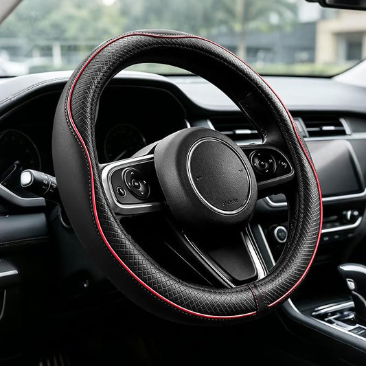 Car Steering Wheel Cover, Durable Leather Cover with Anti-Slip Lining, Breathable Microfiber Leather Auto Wheels Protector, Comfortable Non-Slip Steering Wheel Covers for Most Vehicles (Red)