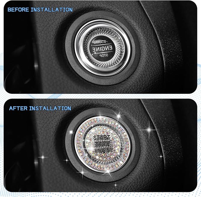 2PCS Rhinestone Push Start Button Cover Bling Car Accessories for Women, Sparkly Diamond Push to Starter Stop Button Decorative Cover, Key Ignition Knob Ring Crystal Emblem Sticker(Colorful)