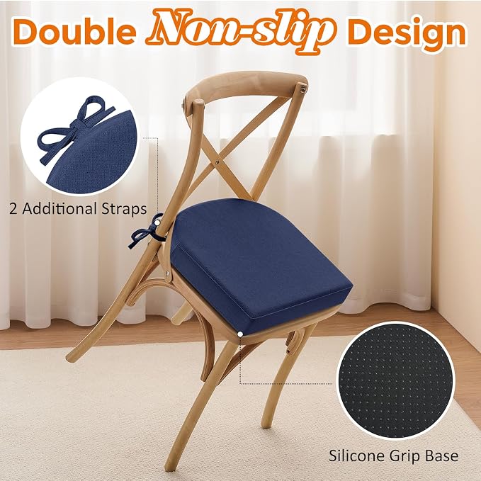 downluxe Chair Cushions for Dining Chairs, Memory Foam Linen Kitchen Chair Pads with Ties, Waterproof, Stain-Resistant and Washable Cover, 17" x 16" x 2.5", Blue, 4 Pack