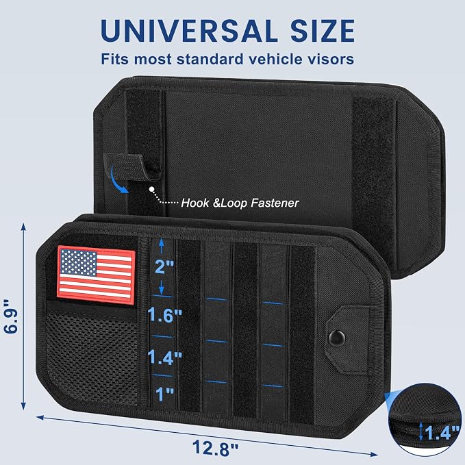 Car Sun Visor Organizer, Multi-Pocket Tactical Visor Storage with Zipper | Semi-Rigid Molle Panel Car Accessories, Sunglasses Holder Clip, for Truck, SUV, Patrols, Pickups