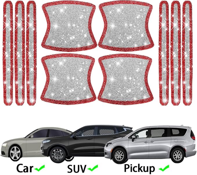 BetterJonny 10PCS Crystal Car Door Handle Scratch Protector, Rhinestone Bling Stickers for Women and Girls (Red+White)
