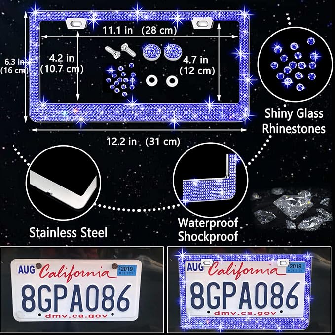 NBTEPEM 27 PCs Blue Bling Car Accessories Set for Women, Steering Wheel Covers Universal Fit 15 Inch, Bling License Plate Frame, Bling Phone Holder, Bling Car Coasters (Blue Diamond)