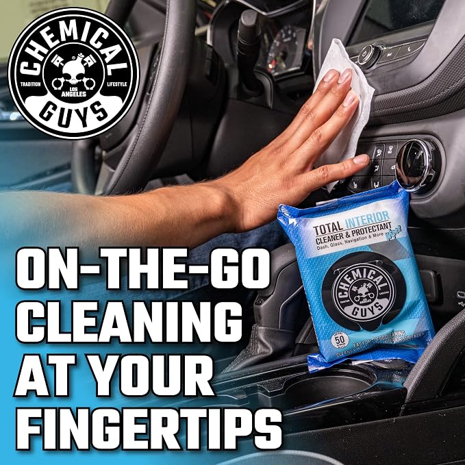 Chemical Guys, Total Interior Cleaner & Protectant Wipes, Multi-Use, 50 Ct | Multi-surface wipes clean dashboards, doors, seats and trim on the go, fifty per pack for quick interior touch-ups