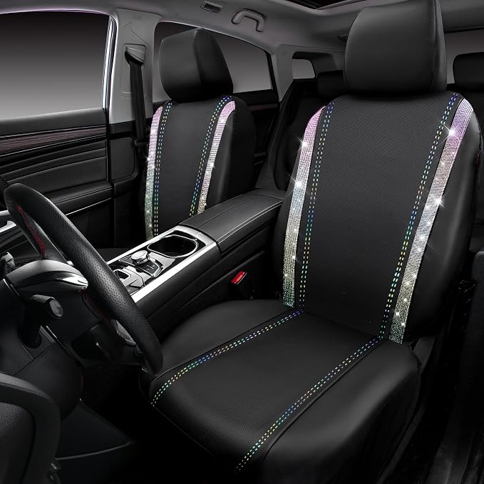 CAR PASS Leather Bling Diamond Car Seat Covers 2 Front Interior Sets, Waterproof Universal Shining Glitter Crystal Sparkle Fit for 95% Auto Truck SUV Cute Women Girl, Black Multicolor Rhinestone