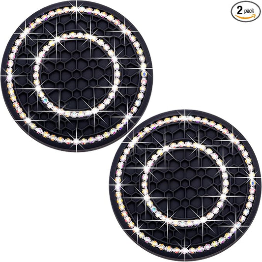 2PCS Bling Crystal Rhinestone Cup Holder Coaster, 2.75 inch Soft Silicone Anti-Slip Shockproof, Car Cup Holder Insert Coasters, Universal Car Interior Accessories for Women (Black & Colorful)