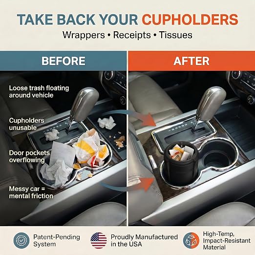 Trash Trapper Car Trash Can Cup Holder | Mini Car Trash Can | Fits in Most Doors | 5.1" x 2.9" | Traps More & Empties Less, Patent-Pending Compaction, Holds Weeks of Small Garbage, Black/Grey