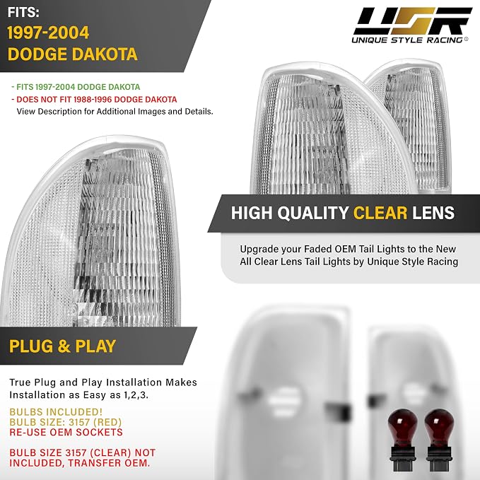 USR 97-04 Dakota PickUp Trucks Tail Light – Rear Tail Lamps (Left + Right) Pair - Compatible with 1997-2004 Dodge Dakota Pick Up Truck All Models/Trims (CLEAR LENS TAIL LIGHTS with RED BULBS)