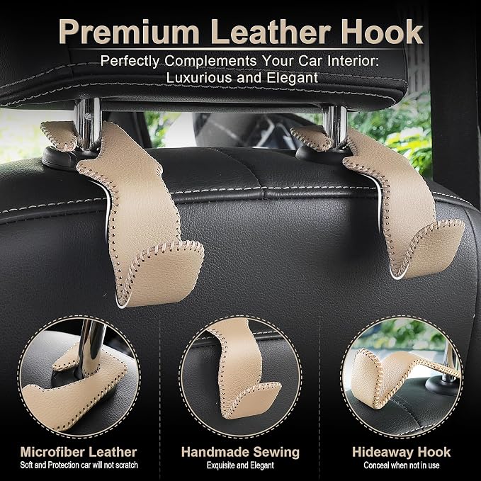 LivTee Beige Superior Leather Car Seat Back Headrest Hook, Auto Seat Hook Hangers Interior Accessories for Purse Coats Umbrellas Grocery Bags Handbag, 2-Pack