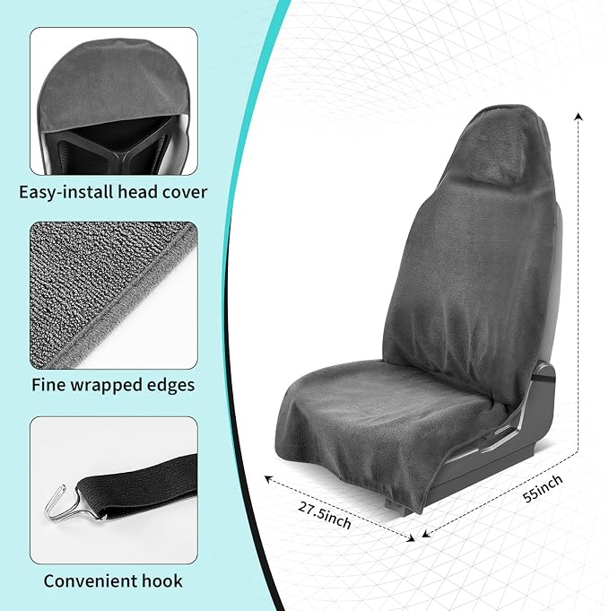 Waterproof 2 Pack Car Seat Towel Covers(Grey, 2 Pcs) | Non-Slip Sweat Absorbent, Universal Fit Front Bucket Seat Cover, Washable Towel Seat Protector