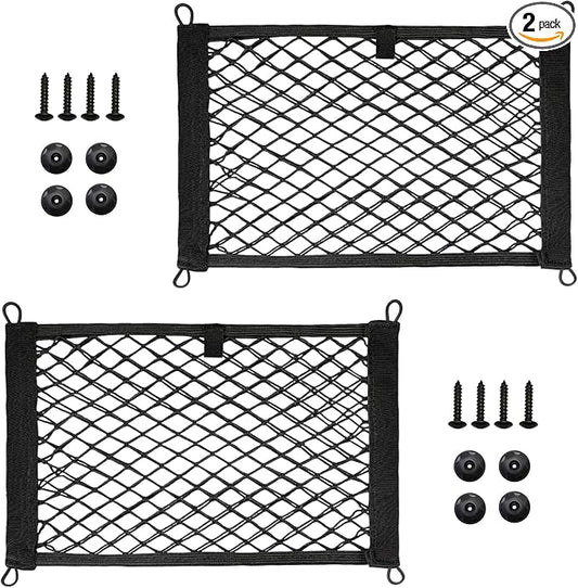 2 Pcs Small Cargo Net- Car Storage Organizer with Elastic Pocket | 9.8×13.7in Cargo Storage Net Trunk/Boat/Home Storage Mesh/ RV/ Screws/Hooks