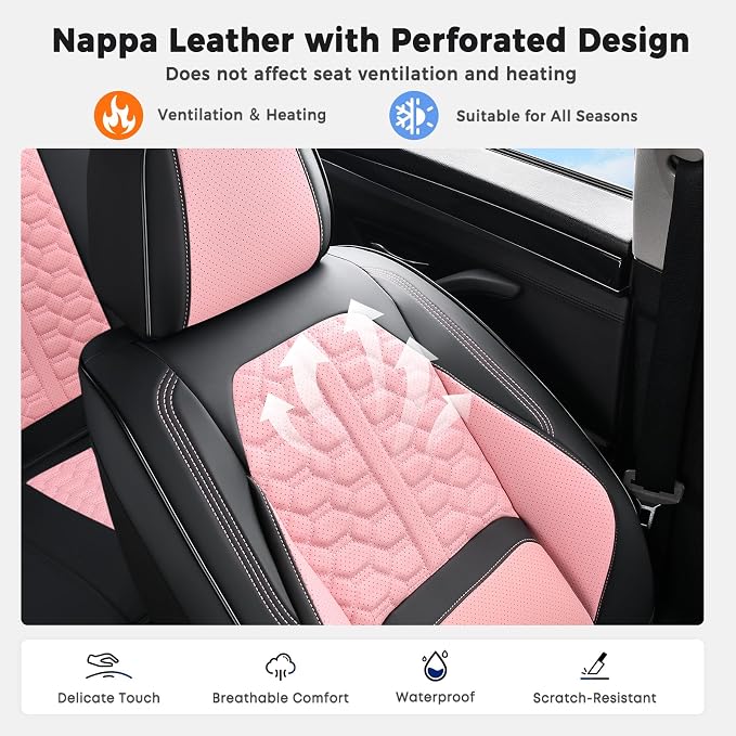 Huidasource Front Seat Covers Universal Fit for Most Cars SUV Trucks, Automotive Leather Seat Cushion Covers Protector with Lumbar Support, Waterproof Seat Cover Front Seat, Black & Pink