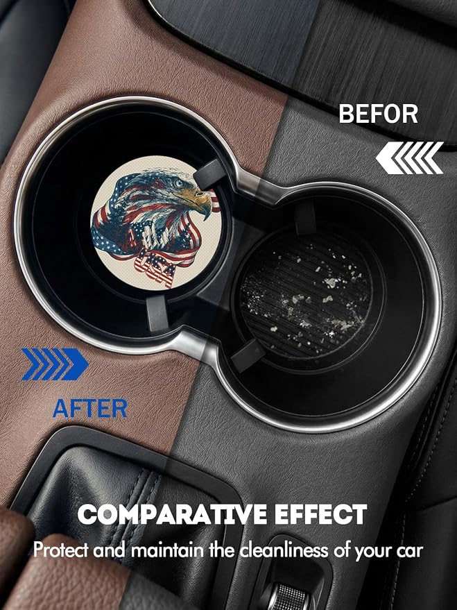 WOCOCN Car Coasters for Cup Holders - 2 Pack 2.75" Universal Rubber Car Cup Coaster, Non-Slip Waterproof Car Interior Accessories, Cute Car Decor Gifts for Women and Men (USA Eagle)