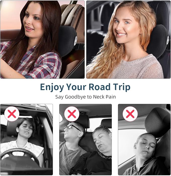 2 Pack Car Headrest Pillow, Soft Support Car Pillow with Adjustable Strap | 100% Memory Foam & Breathable Removable Cover, Ergonomic Design, Universal Neck Pillow for Car & Office Chairs(2 Sleep Masks)