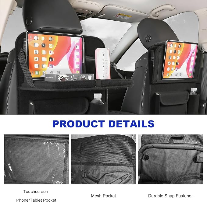 2PCS Car Backseat Organizer with Foldable Table Tray, 5 Storage Pockets Auto Seat Back Protector w/Tablet Holder, Back Seat Cover Storage Organizer Kick Mats for Most Cars