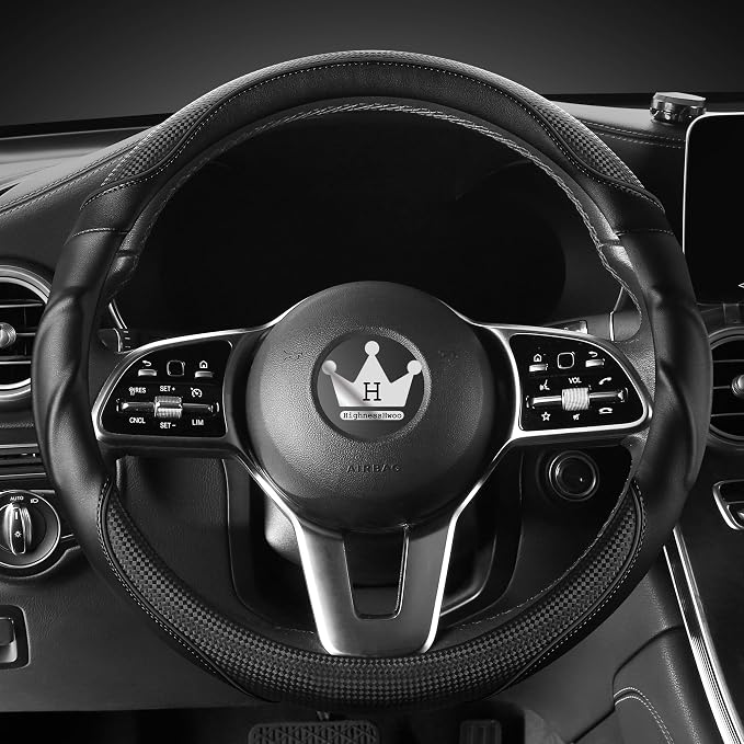 HighnessHwoo 3D Car Steering Wheel Cover Comfort Grip Massage Sporty Anti-Slip Carbon Fiber Faux Leather for F150, Trucks, Jeep, Van, Car Handle Covers for All Seasons, 15.2-16in, Black