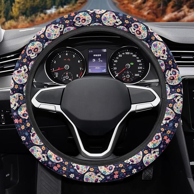 AFPANQZ Steering Wheel Cover for Women, Hippie Flower Skull Sweat Absorbing Non-Slip Steering Wheel Protection Case, Machine Washable Elastic Flexible Universal 14 to 15 inch