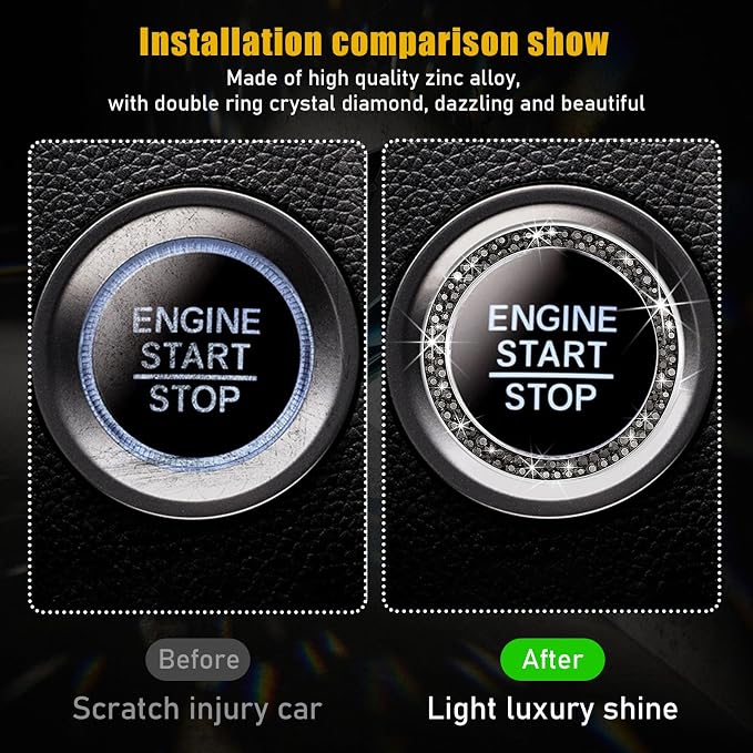 Kewucn 2 PCS Bling Crystal Double Rhinestone Car Engine Start Decoration Ring, Sparkling Push Start Button Sticker, Key Ignition & Knob Ring Decoration, Bling Car Interior Accessory(Bright Black)