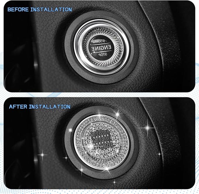 2PCS Rhinestone Push Start Button Cover Bling Car Accessories for Women, Sparkly Diamond Push to Starter Stop Button Decorative Cover, Key Ignition Knob Ring Crystal Emblem Sticker(White)