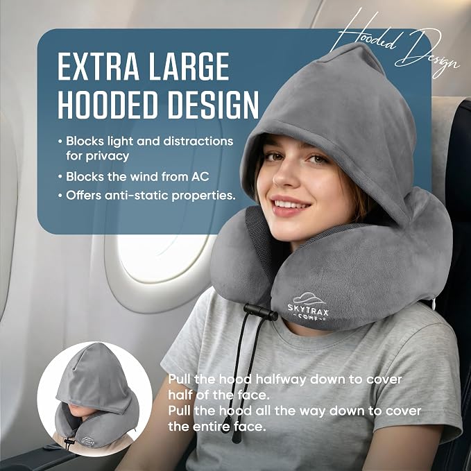 SkytraxComf® Travel Neck Pillow with Hood for Privacy on Long Flights | Memory Foam | Airplane Sleep | Safety-Tested Materials | Extra Large Hood | Chin Support | Earplugs | Washable Cover