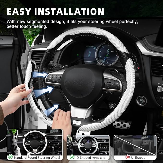 Amiss 3pcs Carbon Fiber Anti-Skid Steering Wheel Cover, Waterproof Design, Universal Fit for 14-16 Inch Car Wheel Cover, Interior Car Accessories for Jeeps, SUVs, Trucks (Glossy White)