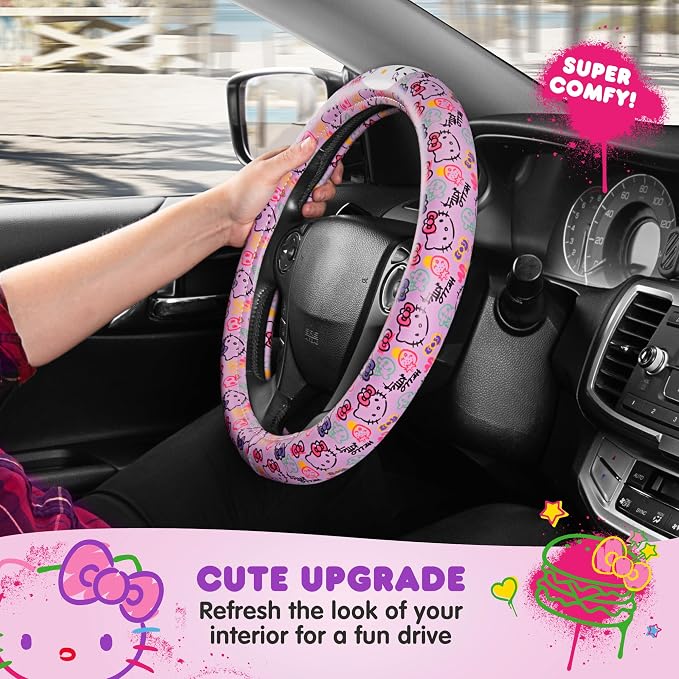 Sanrio Hello Kitty Lavender Doodle Car Steering Wheel Cover, Universal Fit Cute Accessories for Women Stylish Decor Gifts Hello Kitty Accessories - Fits Standard Wheels 14.5"-15"