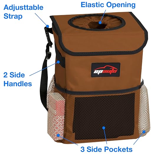 EPAuto Waterproof Car Trash Can with Lid and Pockets, 2.5 Gal, Brown | Leakproof, Collapsible Multipurpose Car Bin with 3 Side Storage Pockets, Adjustable Straps