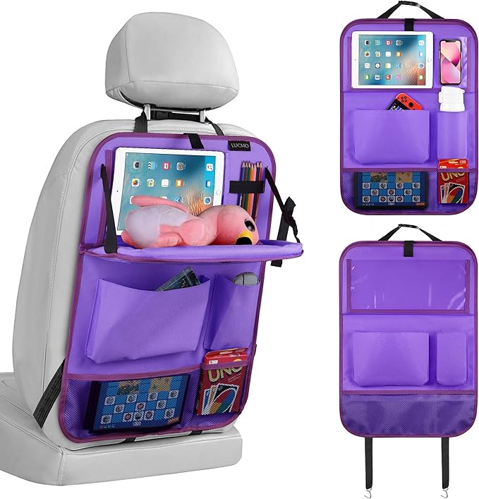 LUCMO Car Backseat Organizer with Foldable Tablet Holder, Dark Purple | 6 Storage Pockets,Foldable Food Tray,Protectors Kick Mats,Travel Accessories,Seat Cover,Road Trip Essentials