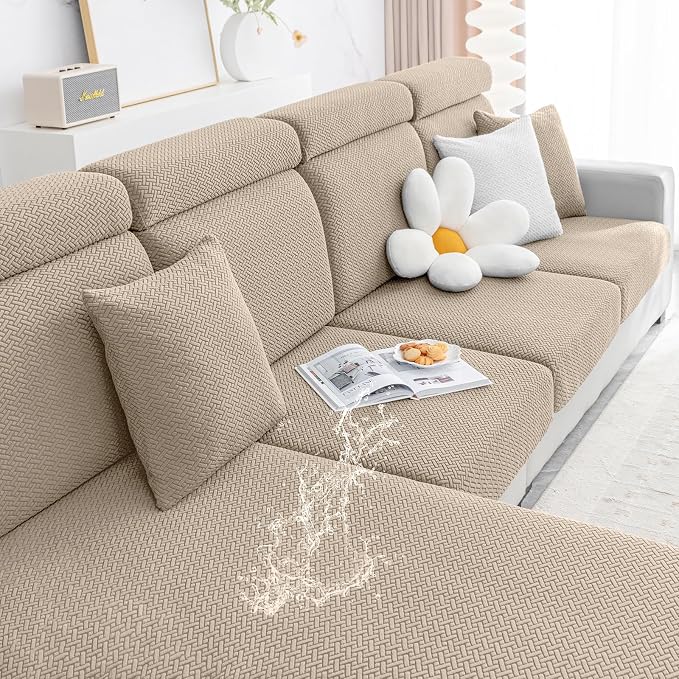 Smiry Waterproof Couch Cushion Covers, Stretch Jacquard Thick Sofa Cushion Covers, Washable Seat Slipcover Elastic Furniture Protector for Pets, Kid (Large, Camel)