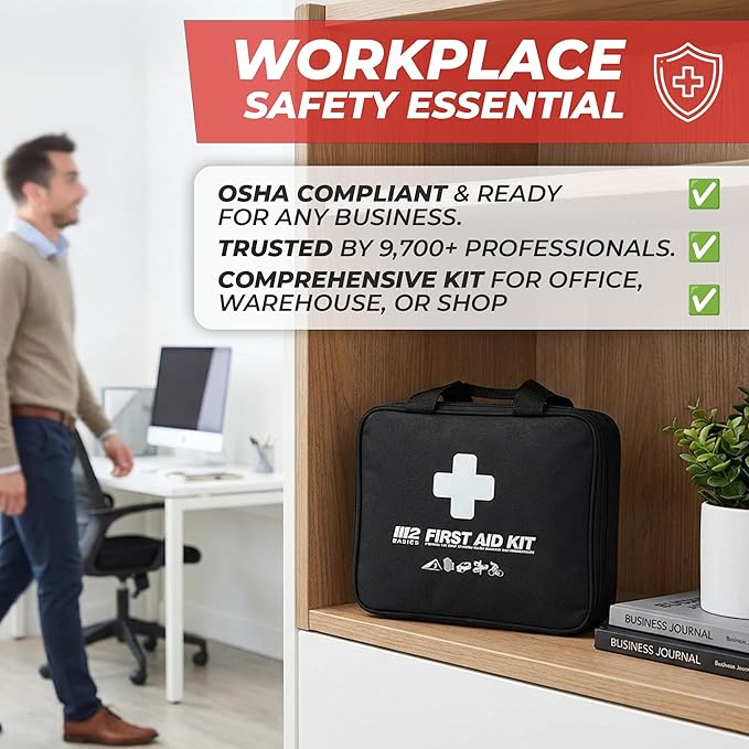 M2 BASICS 300 Piece Premium First Aid Kit w/Durable Bag for Home, Business | Office, Workplace, Car, Garage, Kitchen, Family, Classroom, Jobsite, Warehouse, School, Vehicle And Emergency Preparedness