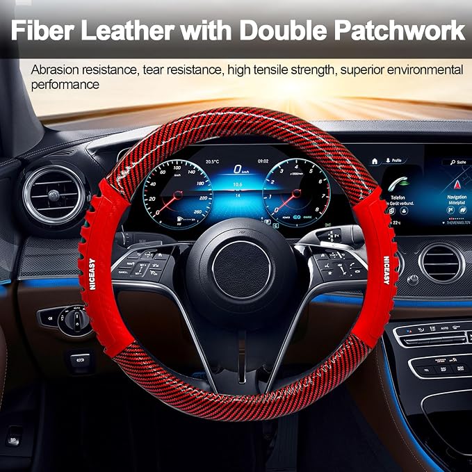 Sport Style Red PU Leather Steering Wheel Cover with Red Sport Grip Anti-Slip Breathable Steering Wheel Accessory Universal Fit 14.75-15 inch