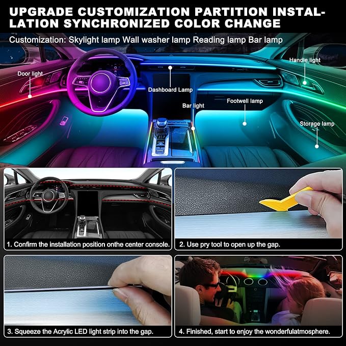 Dreamcolor Acrylic Interior Car LED Strip Light with Wireless APP, RGB 14 in 1 with 175 inches 612 LEDs Fiber Optic Strip Lights for Car, Dual Zone Music Sync Neon Car Ambient Lighting Kits