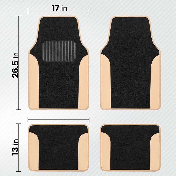 BDK Two-Tone Carpet Car Floor Mats with Faux Leather Accents, Automotive Floor Mat Set with Built-in Heel Pad, Stylish Interior Car Accessories (Beige)