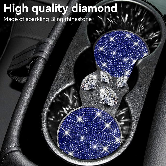 SINGARO Bling Cup Holder Coasters for Car, 2PCS Universal Non-Slip Cup Holder, Embedded Decorative Coasters, Shiny Crystal Car Interior Accessories Gifts for Women (Blue)