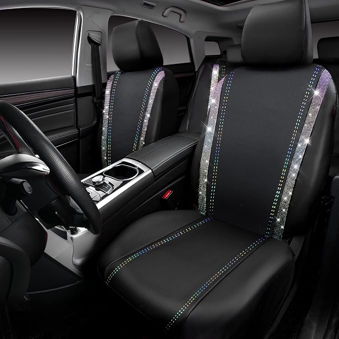 CAR PASS Bling Diamond Car Seat Covers Full Set, Shining Rhinestone Waterproof Faux Leather, Rear with Zipper, Universal Fit Automotive Glitter Crystal Sparkle Strips for Cute Women Girl,Muticolor
