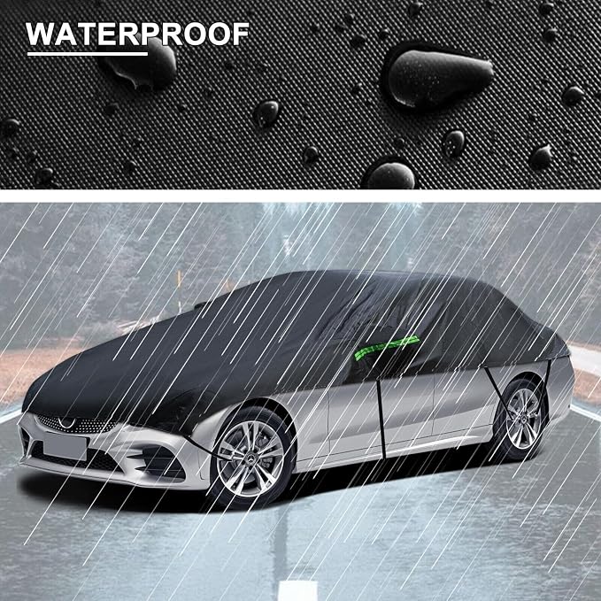 Universal Half Car Cover Waterproof All Weather, Black Car Covers for Automobiles Outdoor Indoor for All Season Waterproof Dustproof Uv Resistant Snowproof Fit for Sedan