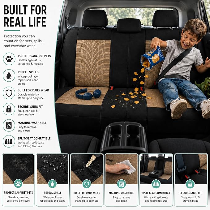 FH Group Car Seat Covers Full Set Premium Cloth - Universal Fit, Automotive, Low Back Front Washable Seat Covers, Airbag Compatible, Split Bench Rear Seat for SUV, Sedan Beige