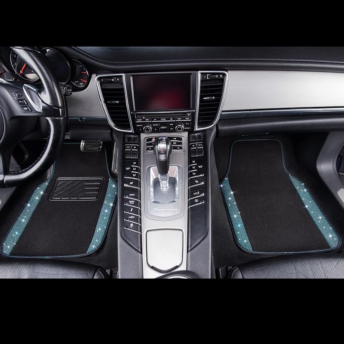 CAR PASS Bling Rhinestones Diamond Waterproof Car Floor Mat, Crystal Sparkly Shining Glitter Carpet, Anti-Slip PVC Heel Pad Universal for Interior Auto SUV,Sedan,Van,4pcs Girly Women Mint Teal Diamond