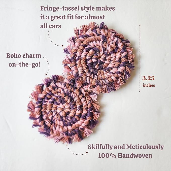 Cotton Car Coasters 2pc Car Cup Coasters Cute car Accessories for Women car Coaster for Cup Holders (Very Berry)