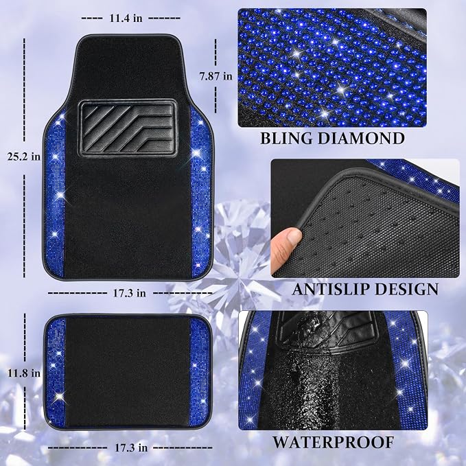 CAR PASS Bling Rhinestones Diamond Car Floor Mat,Sparkly Glitter Shining Crystal Carpet Anti-Slip PVC Heel Pad Waterproof Universal for Automotive SUV,Sedan,Van,4pcs Girl Pretty Women Men Black Blue