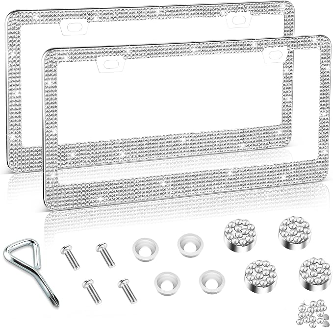 Amiss Bling License Plate Frame for Women, 2Pack Rhinestone Handcrafted Crystal Premium Stainless Steel, Stainless Steel Car Accessories with Diamond Sparkle Glitter Caps (White)