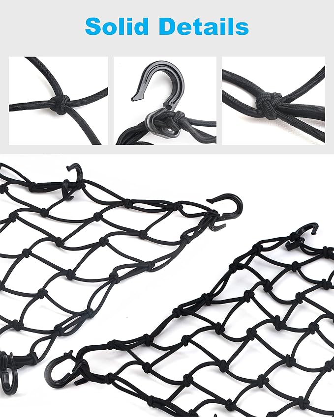 2 Pack Black Cargo Nets, Heavy Duty Latex 17"X17" Bungee Net Stretches to 34"x34", Gear Helmet Luggage Net with Tight 2.3"x2.3" Mesh & 12 Adjustable Plastic Hooks for Motorcycle, Bike, ATV