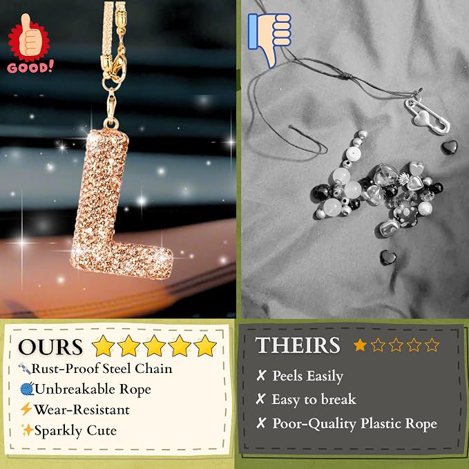 Bling Car Accessories for Women Letter Charm, Rainbow Crystal Rearview Mirror Pendant, Cute Diamond Rhinestone Car Decor, Lucky Gift for Women(L, Champagne Gold)