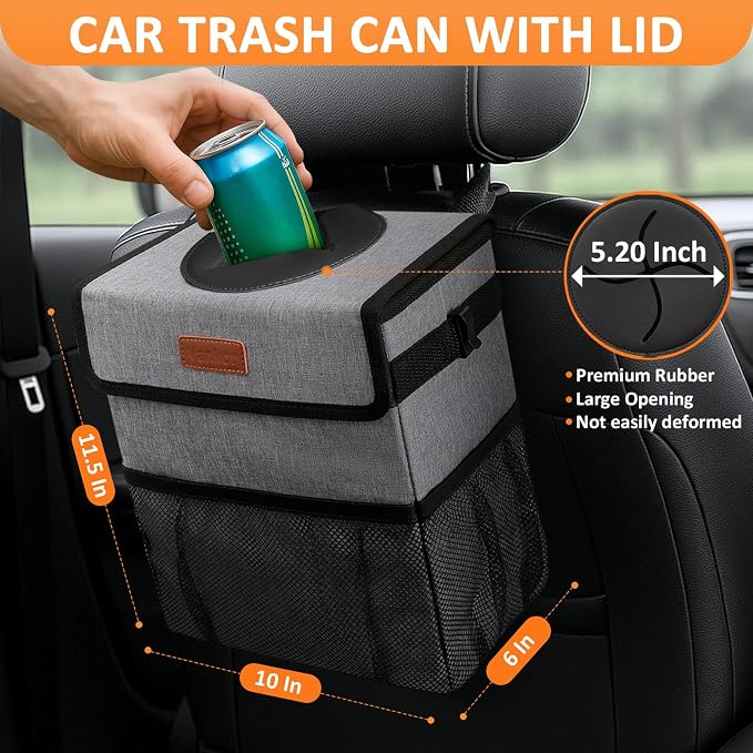 Vankor 3 Gallons Car Trash Can with Lid, Car Trash Bag Bin Hanging Waterproof Automotive Garbage Cans Leak Proof Vehicle Can Grey