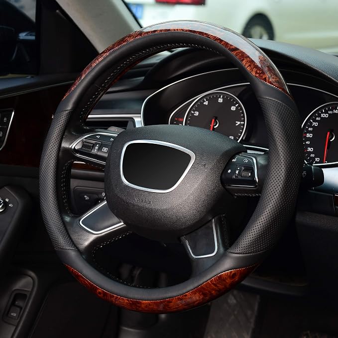 KAFEEK Small Size 14 inch Wood Grain Steering Wheel Cover, Black Microfiber Leather, Compatible for Prius Civic 14-14.25 inch Steering Wheel