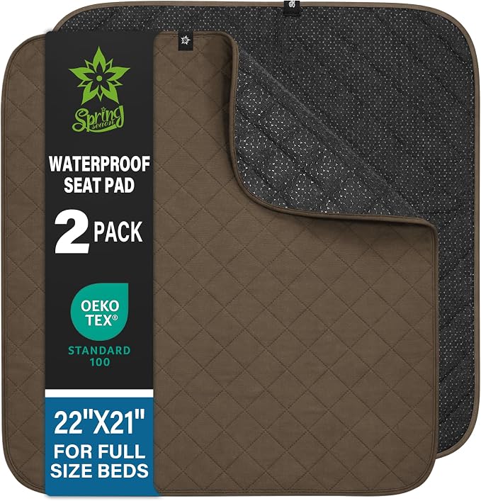 SPRING SEAON Waterproof Chair Pads for Adults & Elder, 22" x 21" Washable Reusable Incontinence Pads, Non-Slip Wheelchair Seat Cover for Bed, Car, Recliner & Protecting Patient Dignity (khaki, 2 Pack)