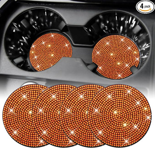 SINGARO Bling Cup Holder Coasters for Car, 4PCS Universal Non-Slip Cup Holder, Embedded Decorative Coasters, Shiny Crystal Car Interior Accessories Gifts for Women (Orange)